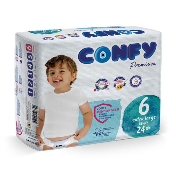 Couches Premium Confy Bébé 15+ kg (Taille 6), Pack de 24 Pièces, Ultra Douces et Absorbantes pour le Confort et la Protection de Bébé.