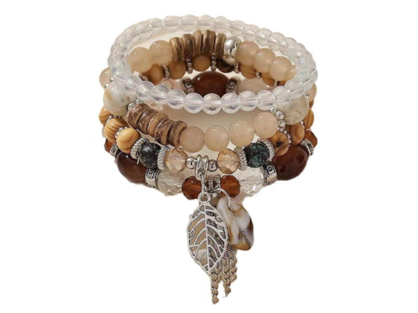 Bracelets avec Charm Feuille, Lot de 4 – Design Élégant avec Perles et Breloques, Idéal pour Accessoiriser Vos Tenues avec un Style Naturel et Bohème.