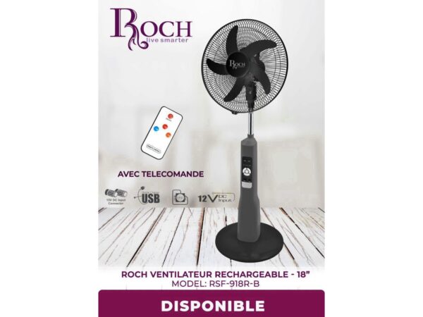 Ventilateur rechargeable Roch 18'' avec télécommande - Modèle RSF-918R-B